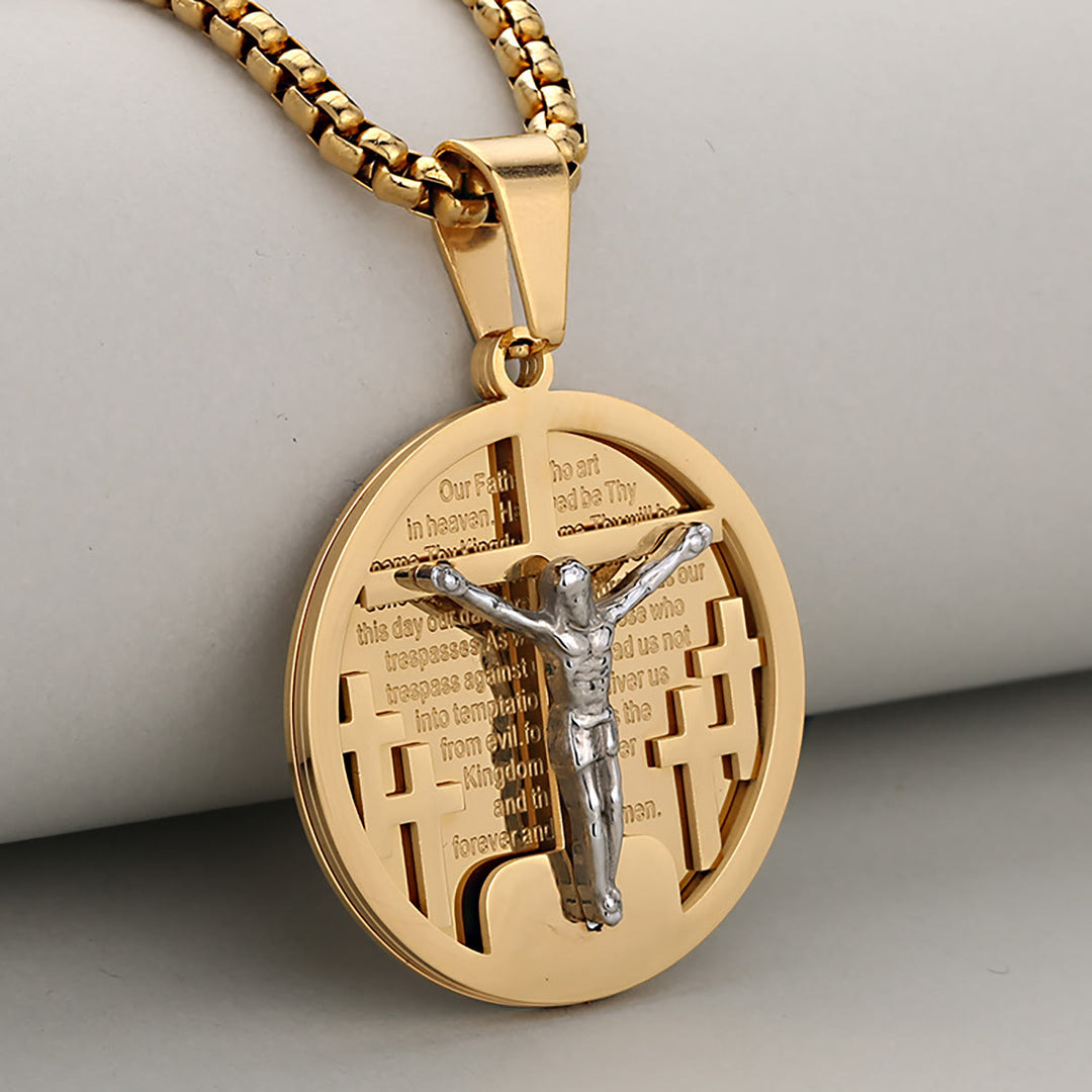 Christianartworkshop Round Crucifix Pendant Necklace in Four Colors Perfect for Religious Gifts - Golden + Silver - image 1