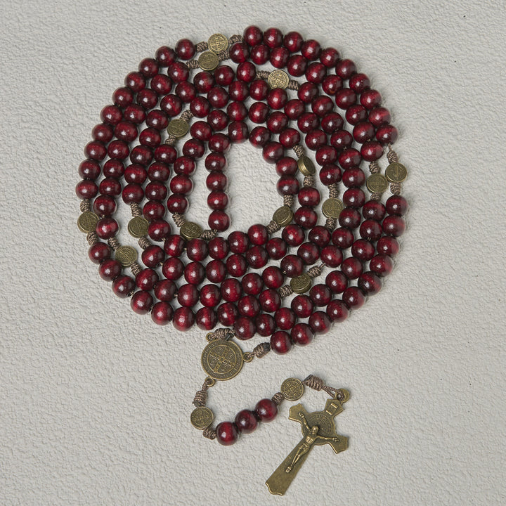 Christianartworkshop 15/20 Decade Olive Wood Rosary with St. Benedict, Crucifix & Waist Chain Design—Divine Devotion in Dual Use - 15 Decade - Wine - image 8