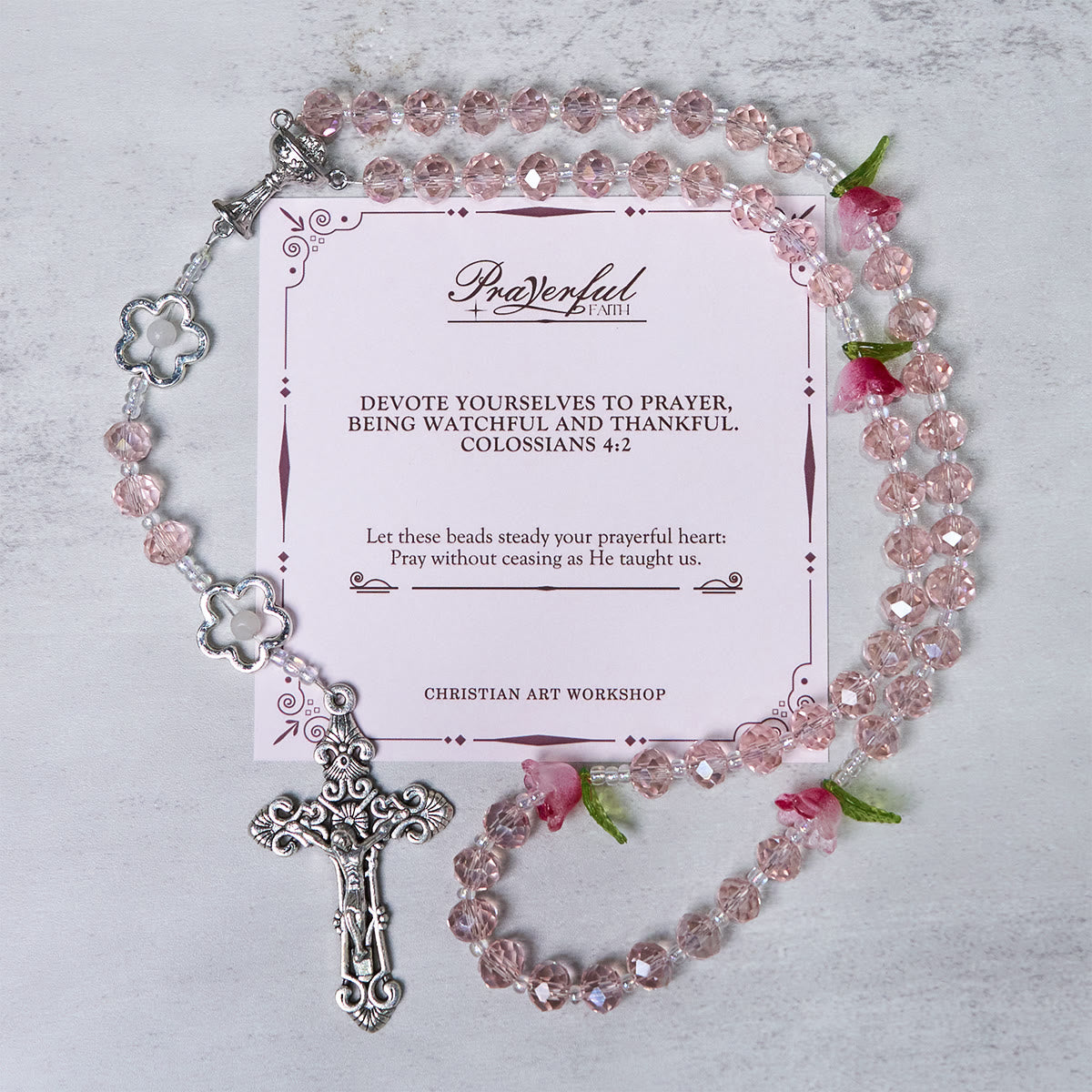 Christianartworkshop Pink Crystal Rosary with 3D Rose Beads