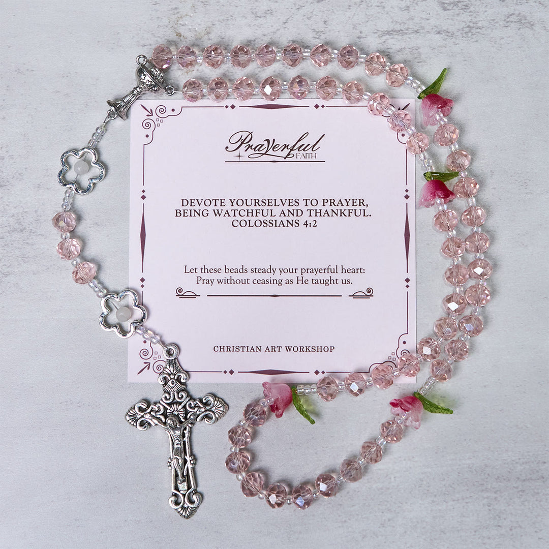 Christianartworkshop PRAYERFUL FAITH: Handmade Elegant Pink Crystal Rosary with 3D Rose Beads with Gift Card - PRAYERFUL FAITH - image 1