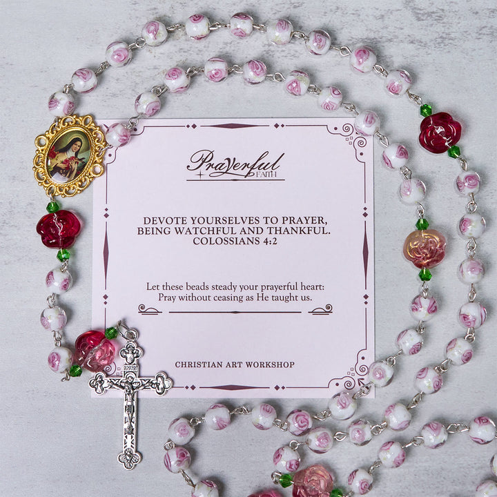 Christianartworkshop PRAYERFUL FAITH: Handmade Rose & Ivory Floral Elegance Rosary with Gift Card - PRAYERFUL FAITH - image 1
