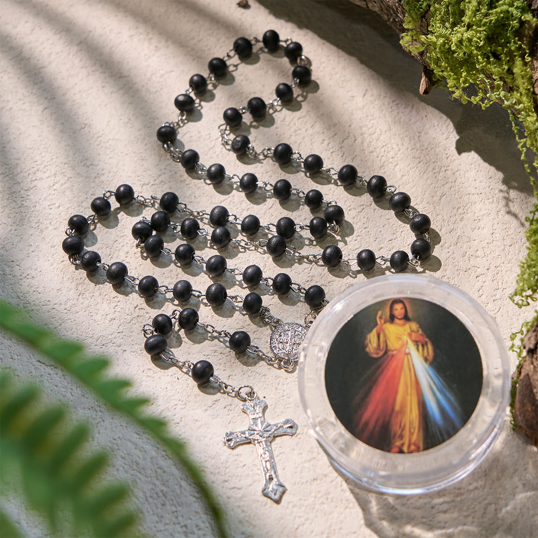 Christianartworkshop Black Wooden Prayer Rosary with Crucifix and Divine Mercy Religious Gift Box - Divine Mercy & Crucifix - image 1