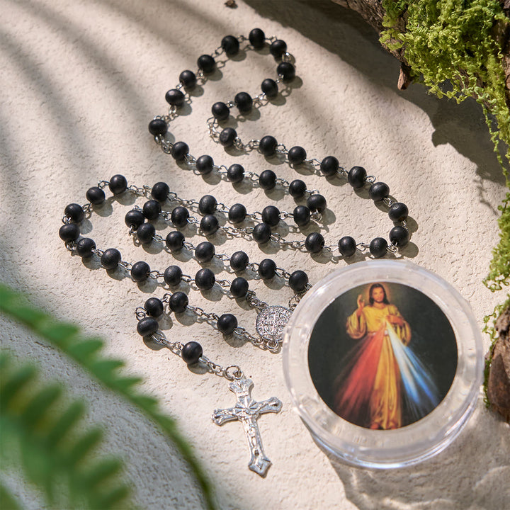 Christianartworkshop Black Wooden Prayer Rosary with Crucifix and Divine Mercy Religious Gift Box - Divine Mercy & Crucifix - image 1