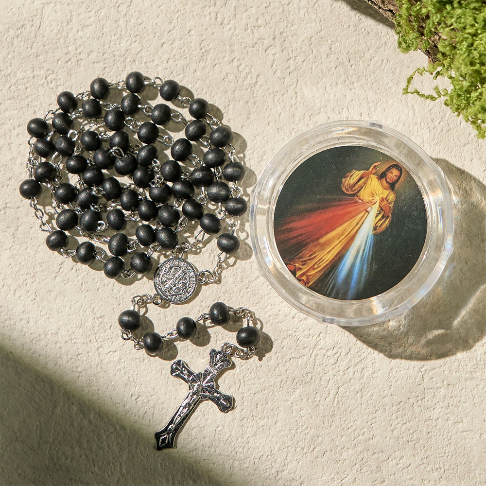 Christianartworkshop Black Wooden Prayer Rosary with Crucifix and Divine Mercy Religious Gift Box - image 2