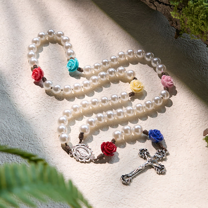 Christianartworkshop Elegant Pearl Rosary with Multicolor Rose Accents Reflecting Devotion and Faith - image 5