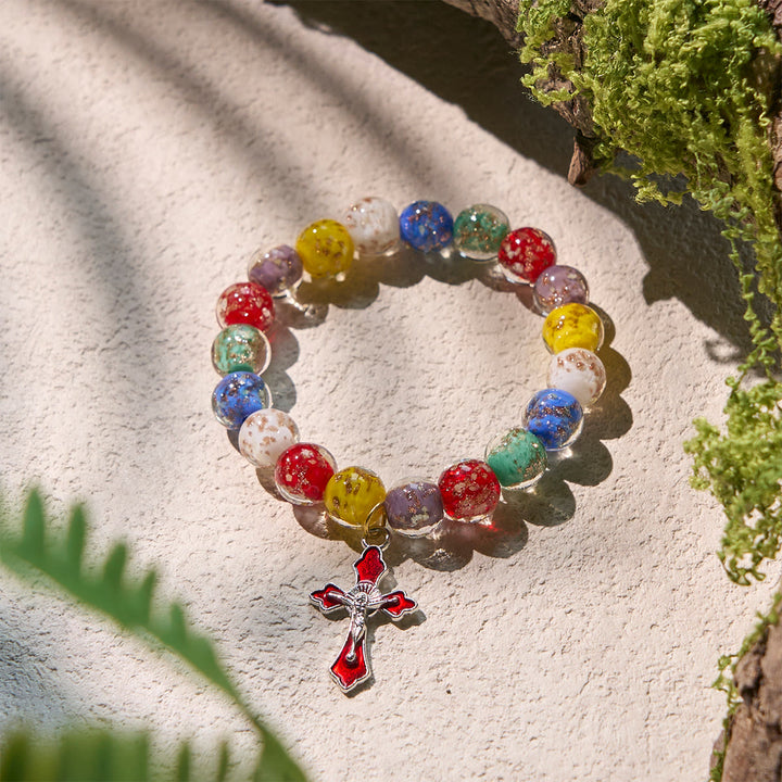 Christianartworkshop Colorful Glow-in-the-Dark Gold-Flecked Glass Bracelets with Crucifix - Gold-Flecked Glass - image 1