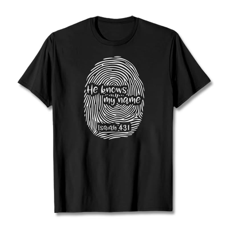 Christianartworkshop He Knows My Name Fingerprint Bible Verse Unisex T-shirt - Black - 2XL - image 0