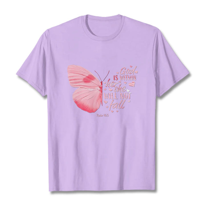 Christianartworkshop God Is Within Her She Will Not Fall with Butterfly Unisex T-shirt - Light Purple - 2XL - image 8