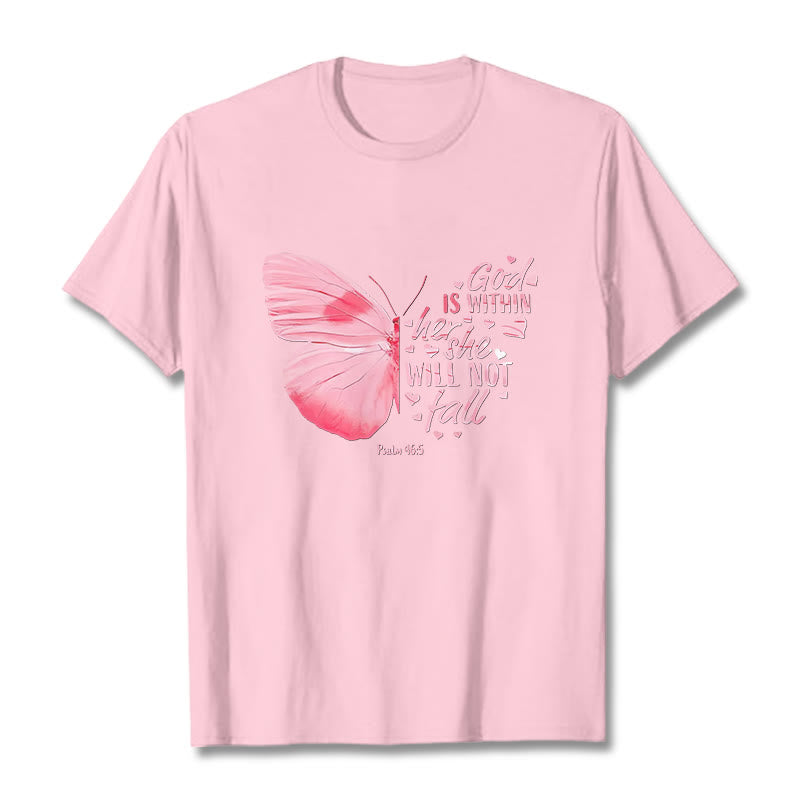 Christianartworkshop God Is Within Her She Will Not Fall with Butterfly Unisex T-shirt - Light Pink - 2XL - image 5