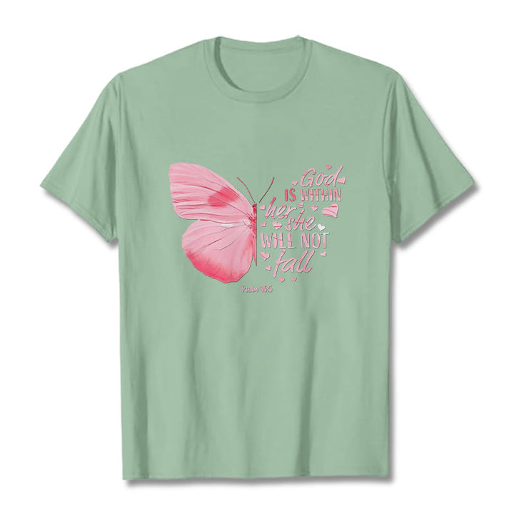 Christianartworkshop God Is Within Her She Will Not Fall with Butterfly Unisex T-shirt - Light Green - 2XL - image 12