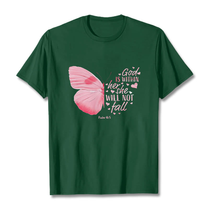 Christianartworkshop God Is Within Her She Will Not Fall with Butterfly Unisex T-shirt - Dark Green - 2XL - image 7