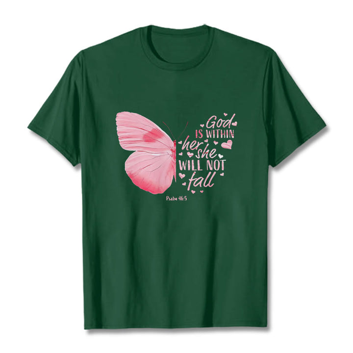 Christianartworkshop God Is Within Her She Will Not Fall with Butterfly Unisex T-shirt - Dark Green - 2XL - image 7