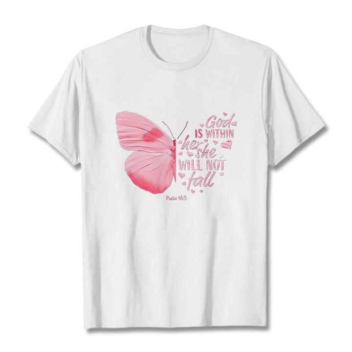 Christianartworkshop God Is Within Her She Will Not Fall with Butterfly Unisex T-shirt - White - 2XL - image 0