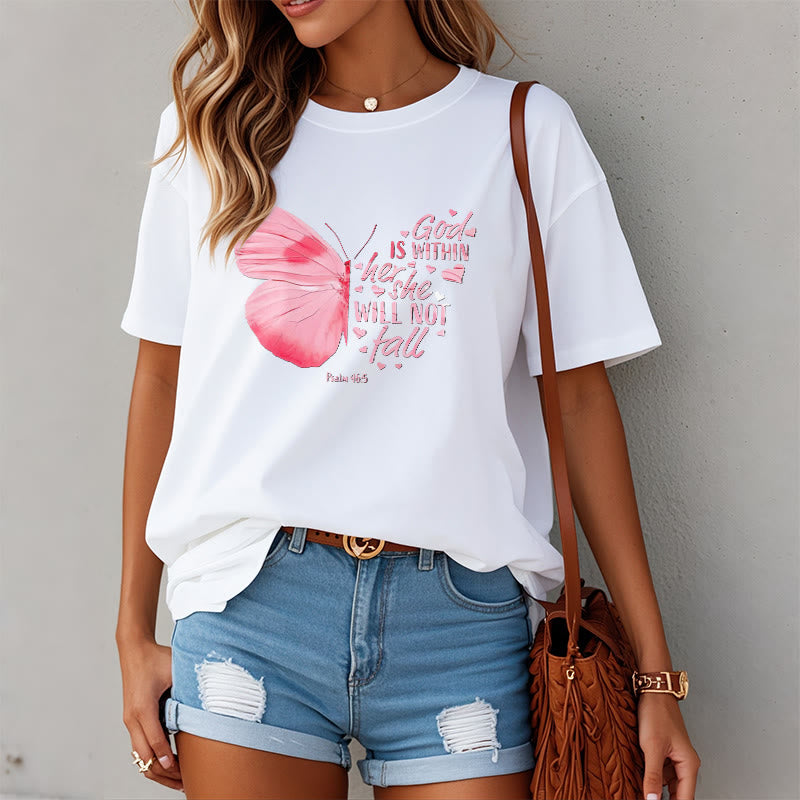 Christianartworkshop God Is Within Her She Will Not Fall with Butterfly Unisex T-shirt - image 2