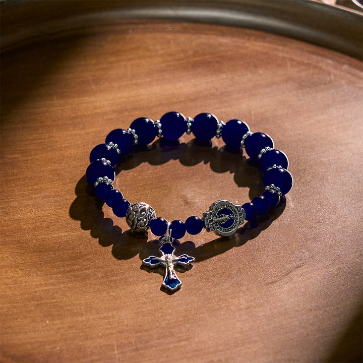 Christianartworkshop Elegant Deep Blue Beaded Bracelets with Crucifix and Miraculous Medal - image 3