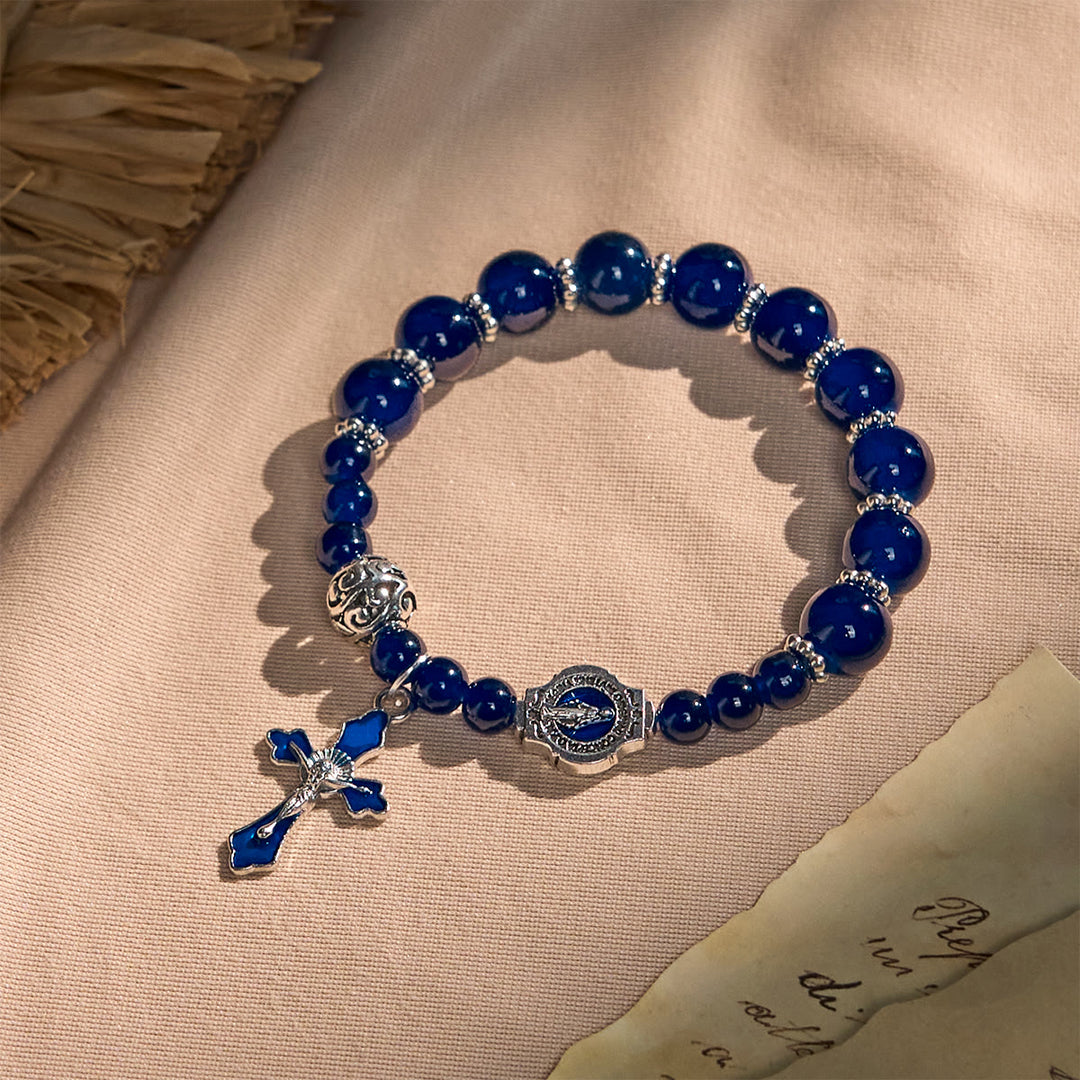 Christianartworkshop Elegant Deep Blue Beaded Bracelets with Crucifix and Miraculous Medal - Deep Blue - image 1