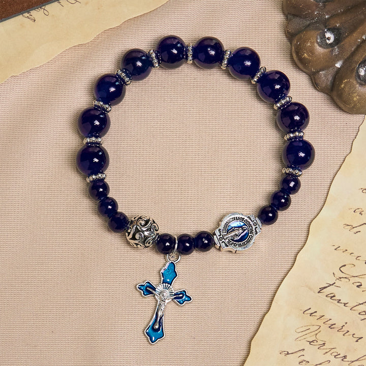 Christianartworkshop Elegant Deep Blue Beaded Bracelets with Crucifix and Miraculous Medal - image 4