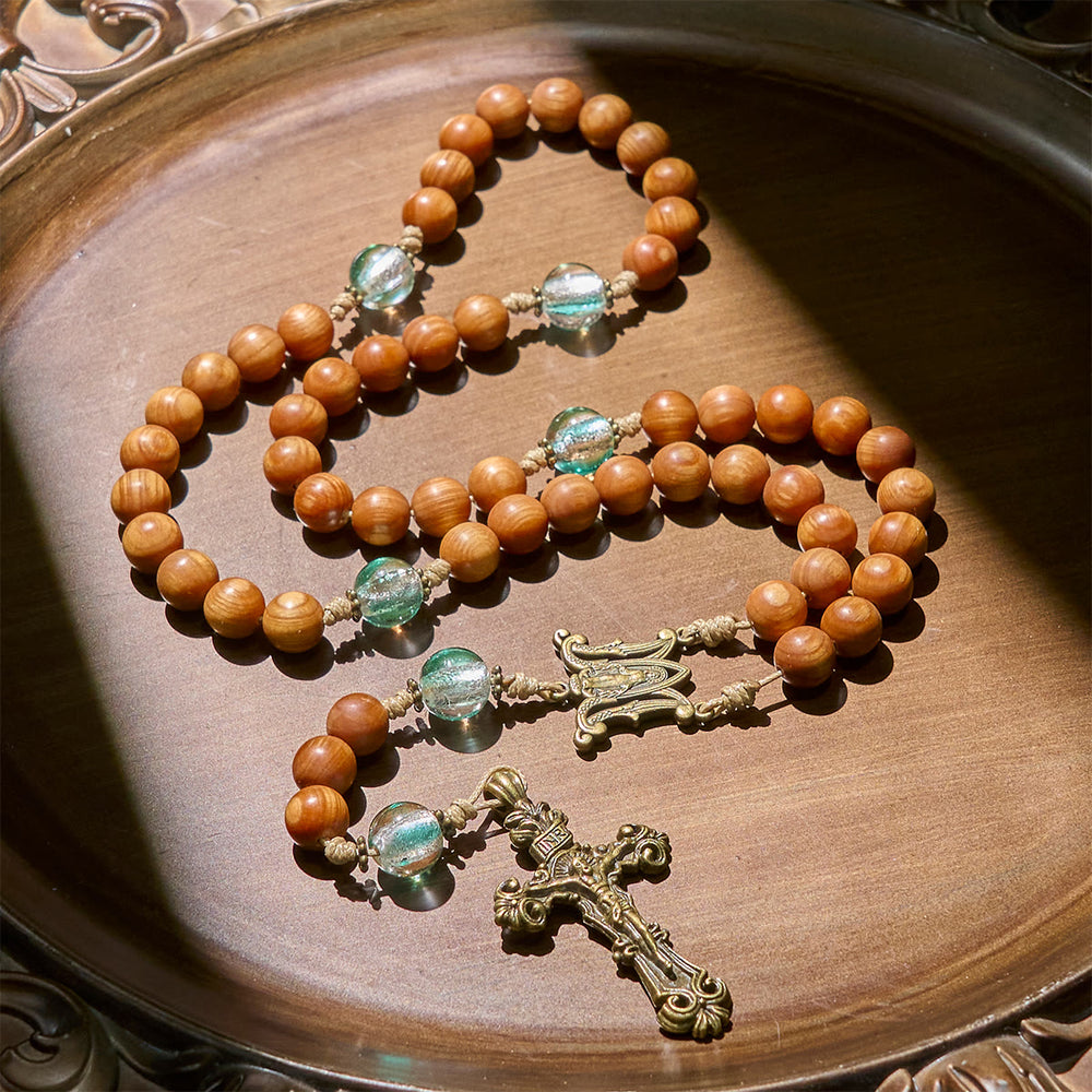 Christianartworkshop Classic Warm Brown Wooden Rosary with Bright Green Beads & Our Lady - image 2