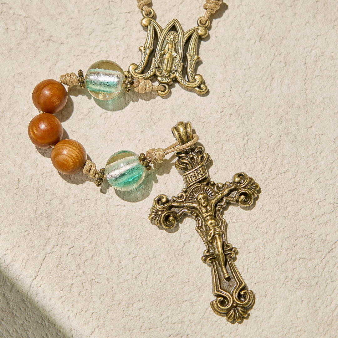 Christianartworkshop Classic Warm Brown Wooden Rosary with Bright Green Beads & Our Lady - image 7