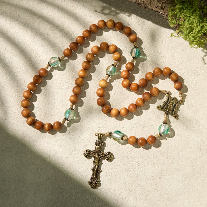 Christianartworkshop Classic Warm Brown Wooden Rosary with Bright Green Beads & Our Lady - image 4