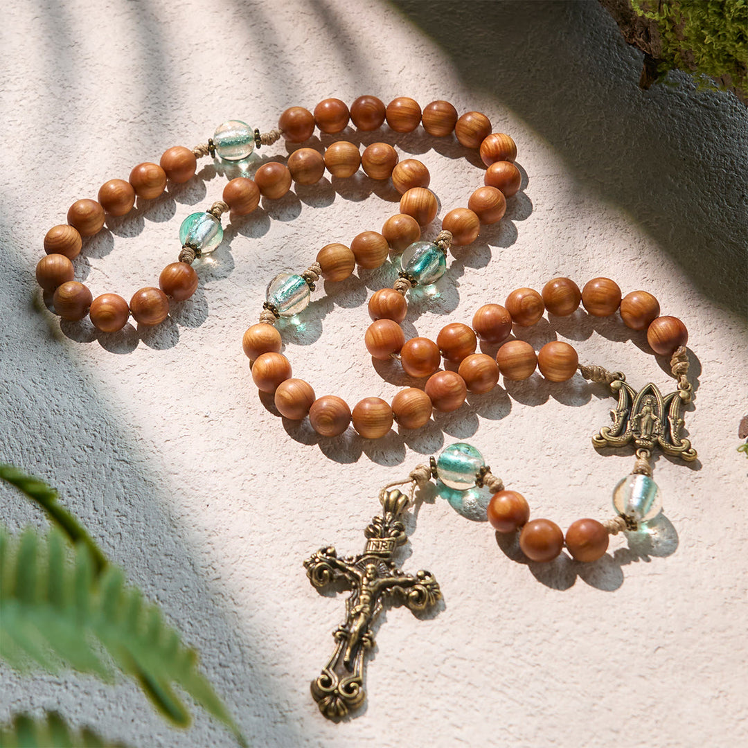 Christianartworkshop Classic Warm Brown Wooden Rosary with Bright Green Beads & Our Lady - Miraculous Medal & Crucifix - image 1
