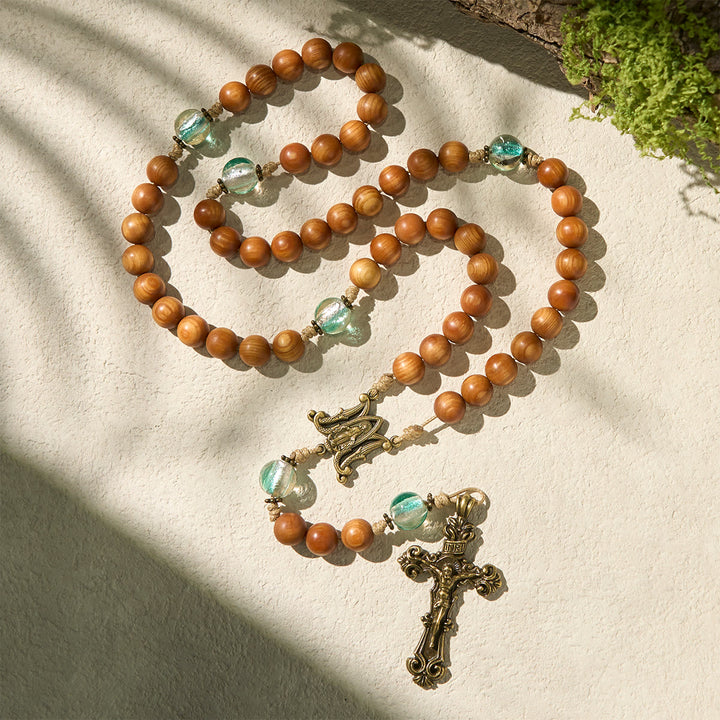 Christianartworkshop Classic Warm Brown Wooden Rosary with Bright Green Beads & Our Lady - image 5