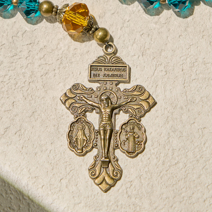Christianartworkshop Shining Blue and Amber Rosary with Our Lady Medal and Antique Pardon Crucifix - image 7