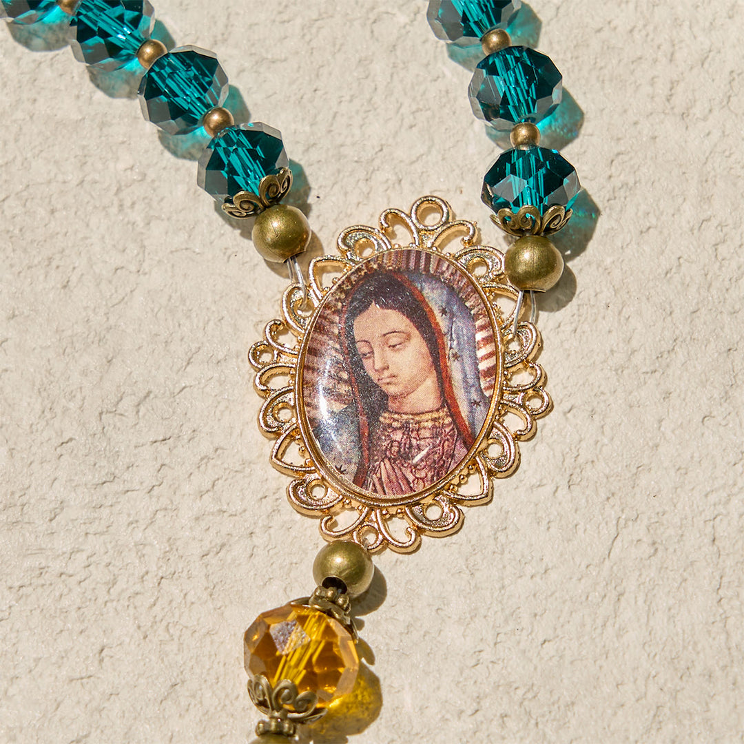 Christianartworkshop Shining Blue and Amber Rosary with Our Lady Medal and Antique Pardon Crucifix - image 8