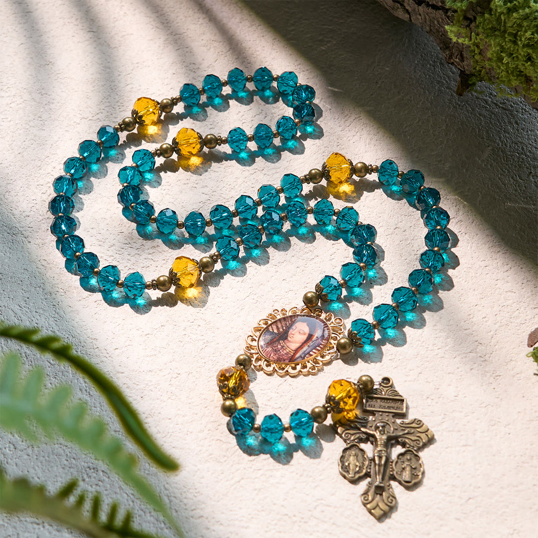 Christianartworkshop Shining Blue and Amber Rosary with Our Lady Medal and Antique Pardon Crucifix - Our Lady & Crucifix - image 1