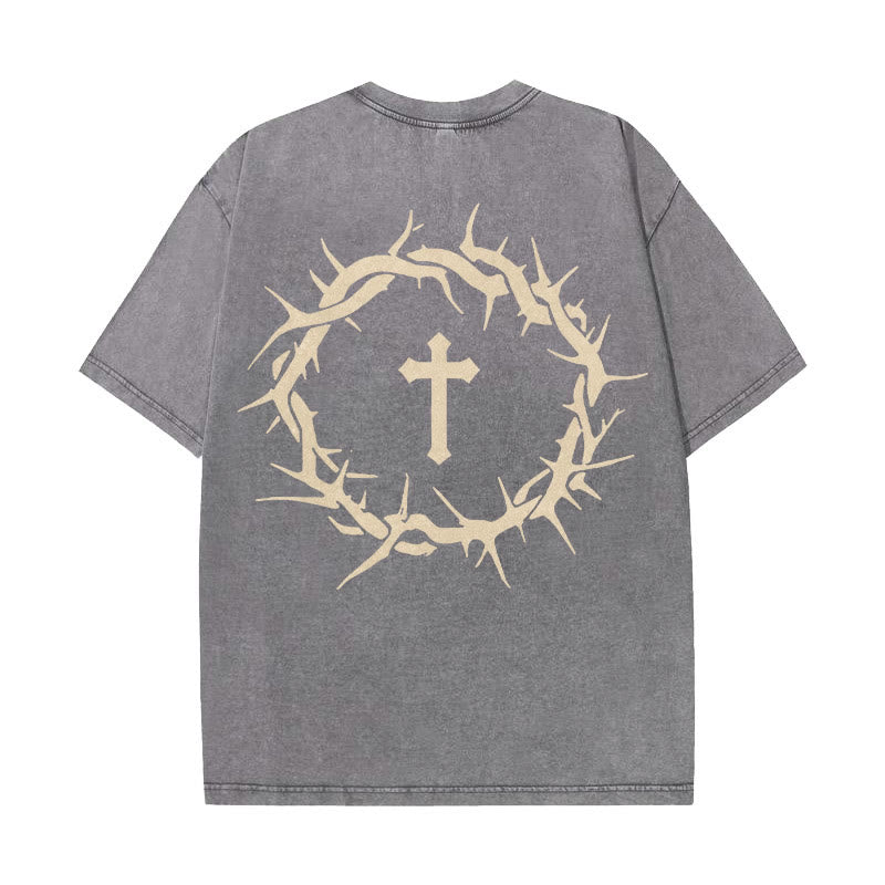 Christianartworkshop Faith Over Fear Thorn Cross Unisex Washed T-Shirt - Grey - 5XL - image 1