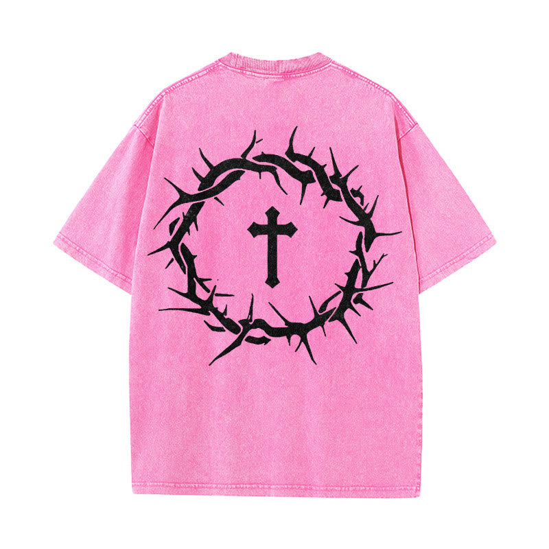 Christianartworkshop Faith Over Fear Thorn Cross Unisex Washed T-Shirt - Pink - 5XL - image 18