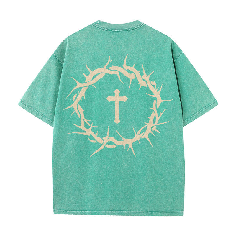 Christianartworkshop Faith Over Fear Thorn Cross Unisex Washed T-Shirt - Green - 5XL - image 18