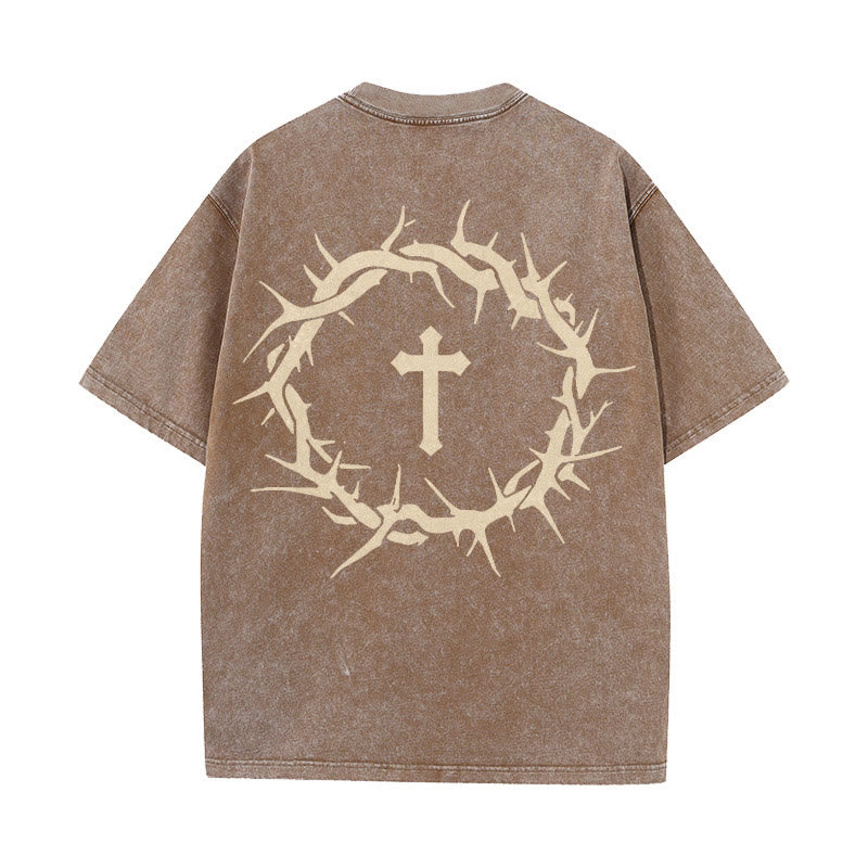 Christianartworkshop Faith Over Fear Thorn Cross Unisex Washed T-Shirt - Coffee - 5XL - image 14