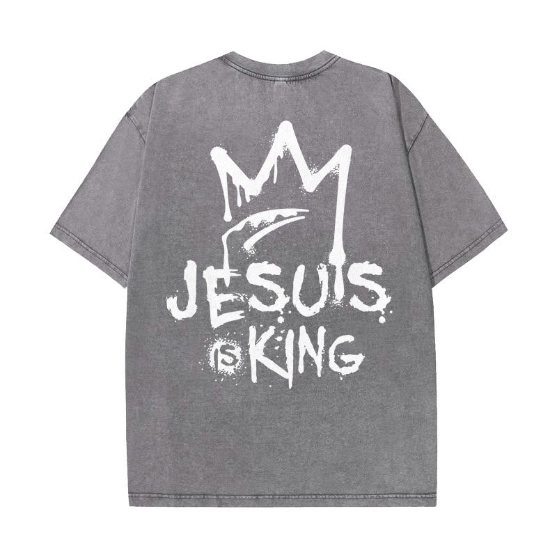 Christianartworkshop Jesus Is King Christian Unisex Washed T-Shirt - Grey - 5XL - image 6