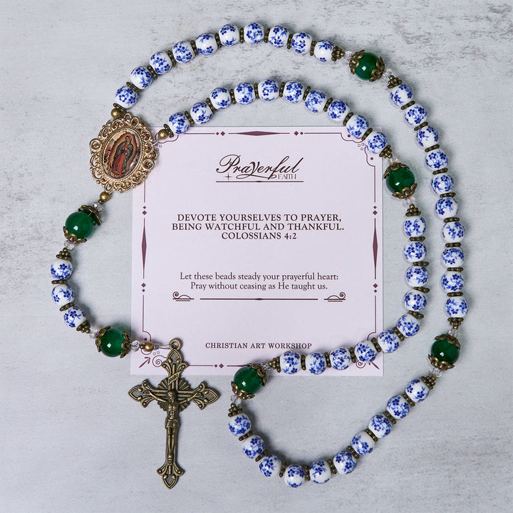 Christianartworkshop PRAYERFUL FAITH: Handmade Floral Rosary of 8mm Ceramics & Jade  - PRAYERFUL FAITH - image 1