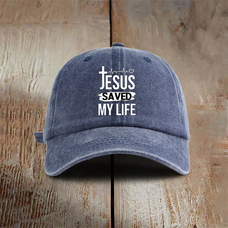 Christianartworkshop Vintage Jesus Saved My Life with Cross and Heartbeat Hat - Navy Blue - image 2