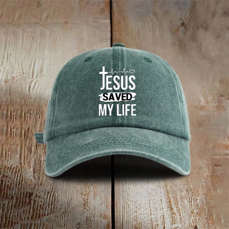 Christianartworkshop Vintage Jesus Saved My Life with Cross and Heartbeat Hat - Army Green - image 1