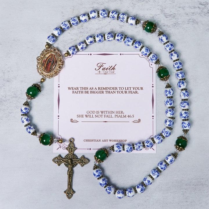 Christianartworkshop PRAYERFUL FAITH: Handmade Floral Rosary of 8mm Ceramics & Jade  - FAITH OVER FEAR - image 2