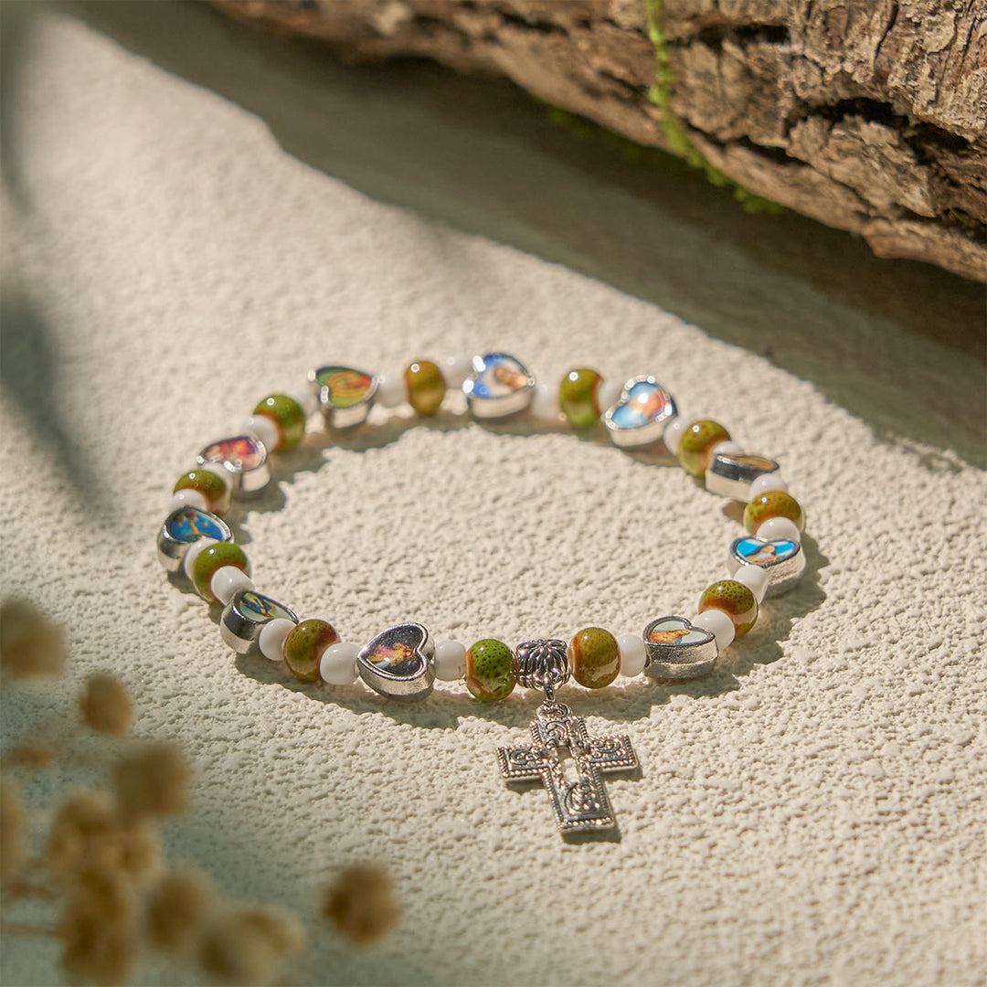FREE Today: Colorful Glass & Ceramic Bead Bracelets with Cross and Saints Heart Charms - Green - image 1