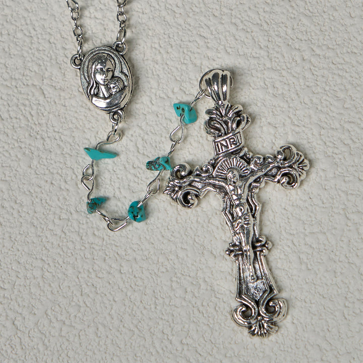 Christianartworkshop Unique Turquoise Fragment Rosary with Holy Mary & Ornate Crucifix - image 8