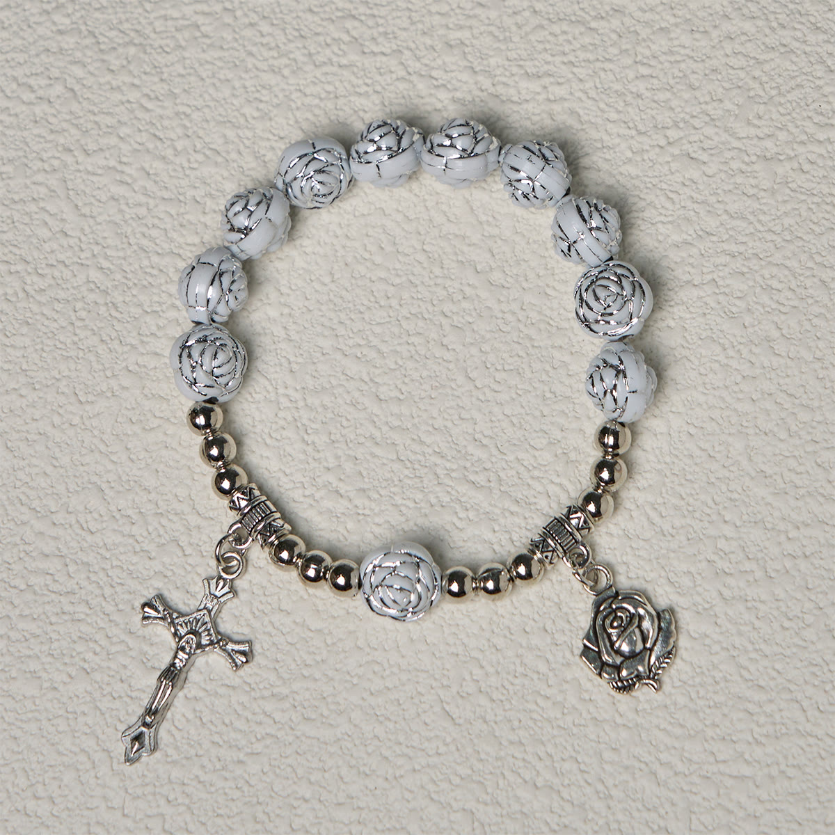Delicate White Rose Rosary and Bracelets with Virgin Mary