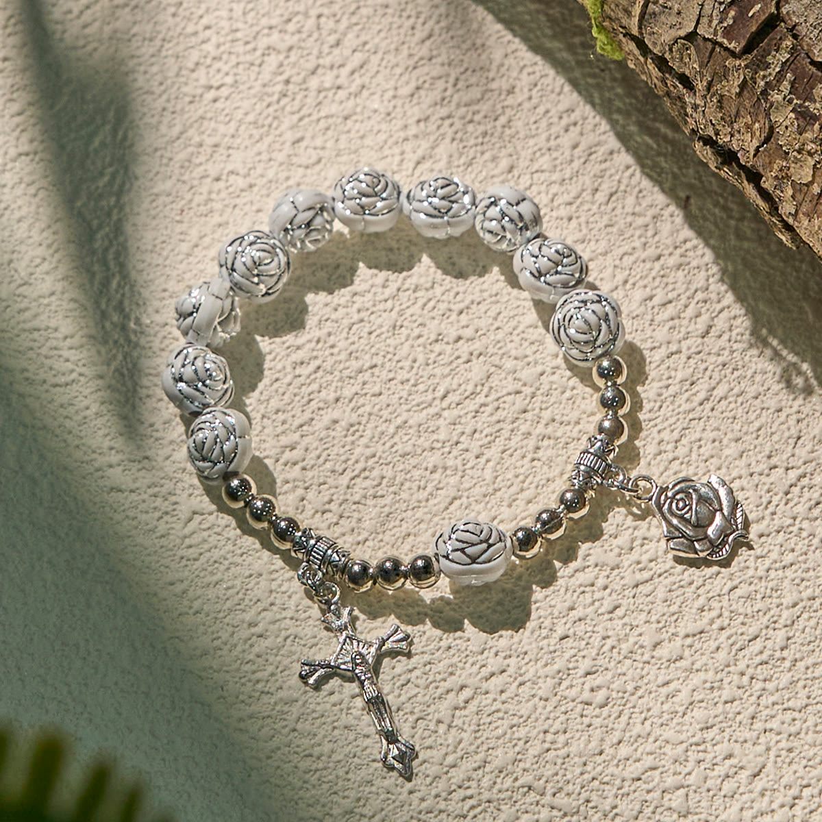 Delicate White Rose Rosary and Bracelets with Virgin Mary