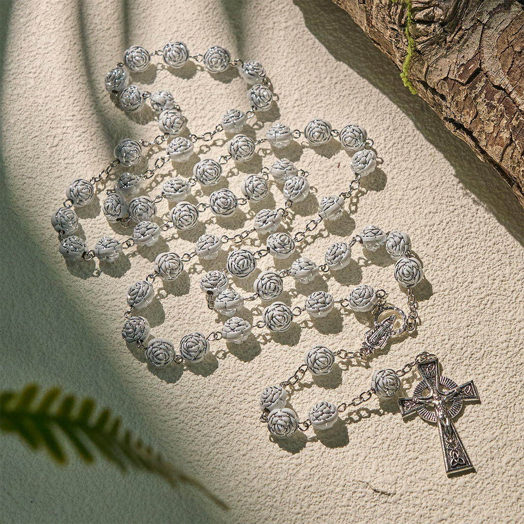 Christianartworkshop Delicate White Rose Devotional Beads Rosary and Bracelets with Virgin Mary - Rosary - image 1