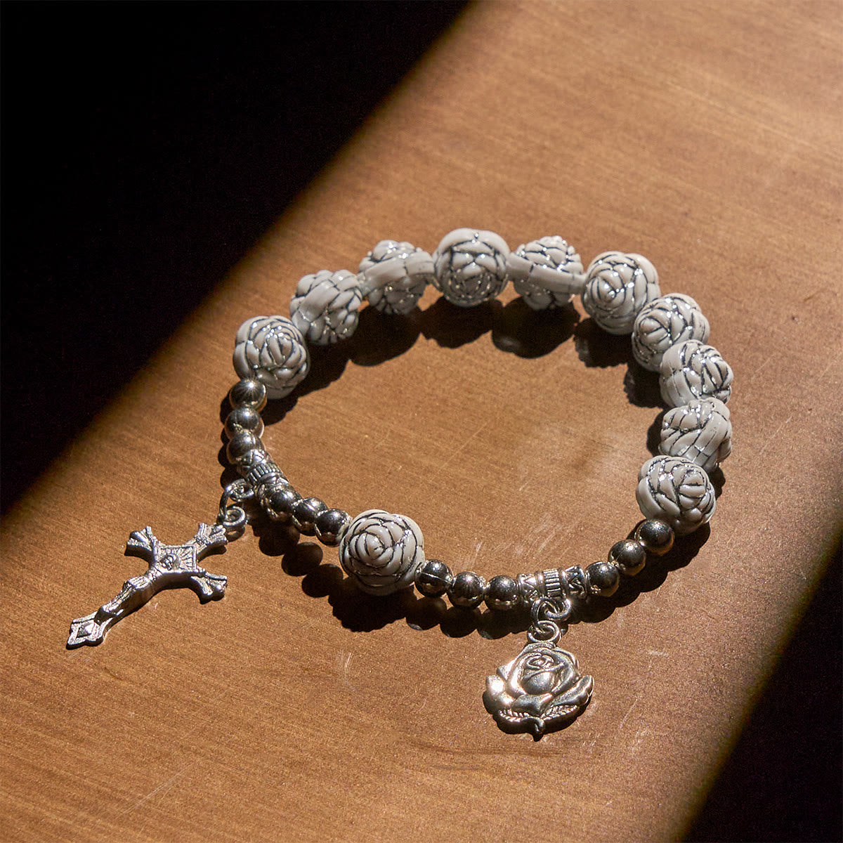 Delicate White Rose Rosary and Bracelets with Virgin Mary