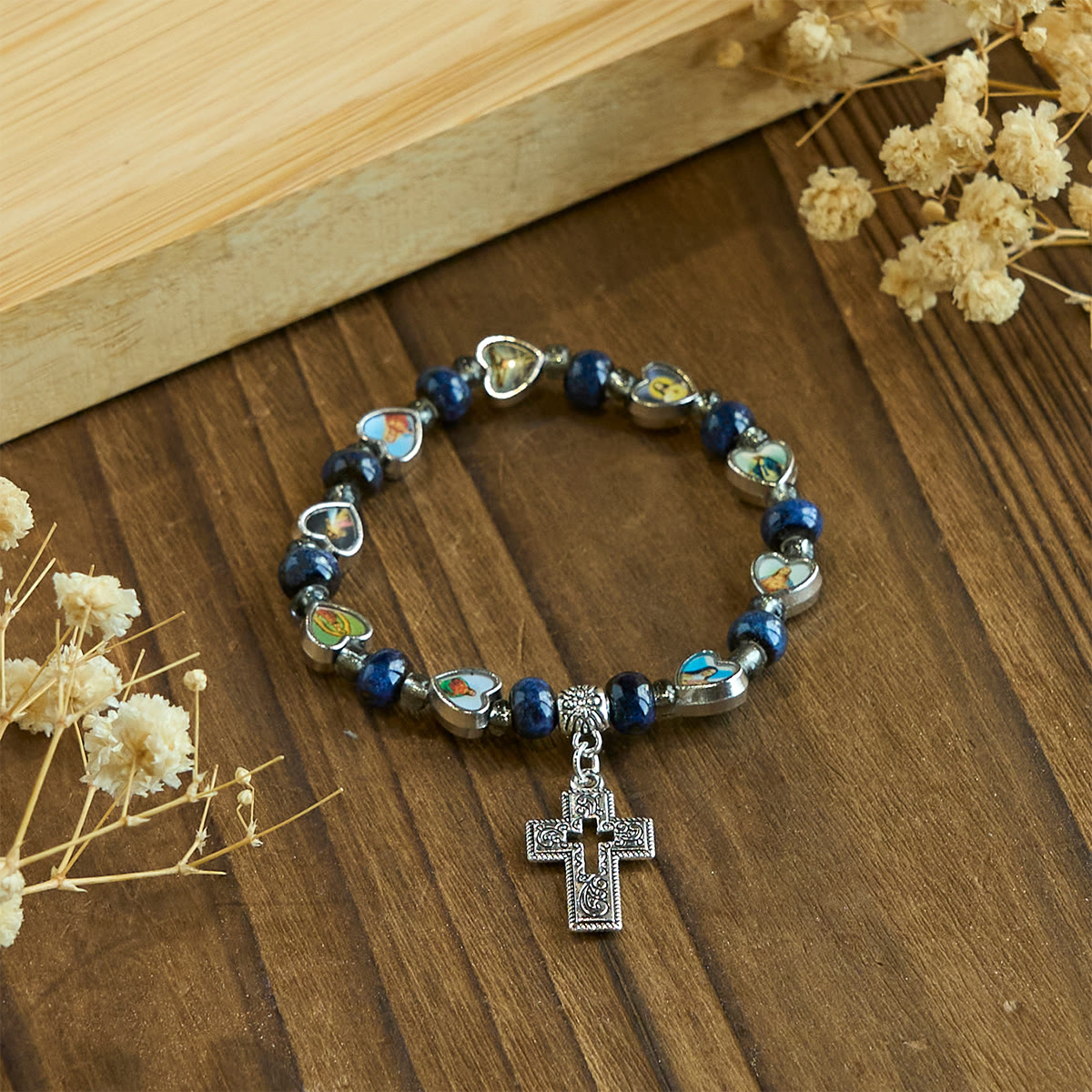 Colorful Glass & Ceramic Bead Bracelets with Cross and Saints