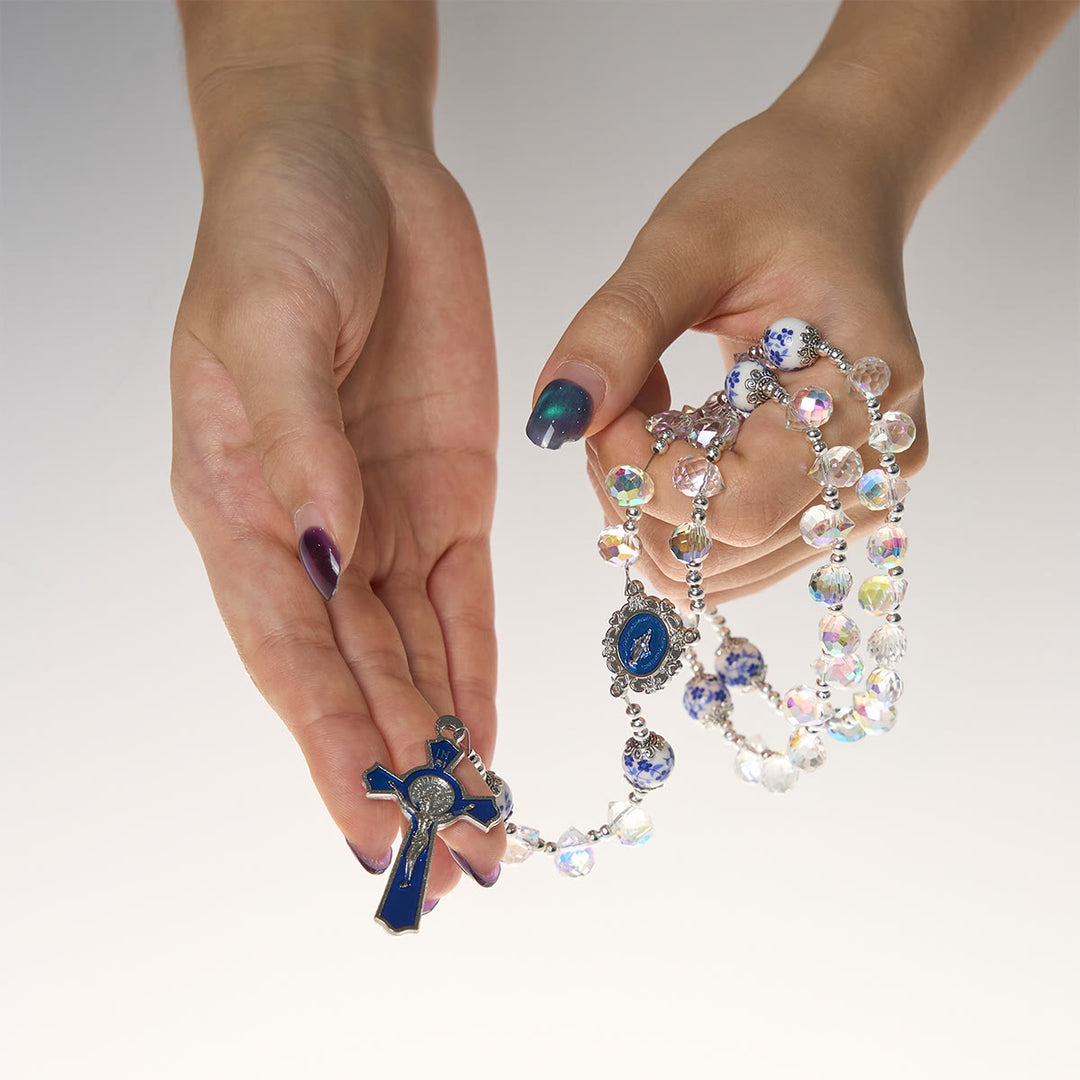 Christianartworkshop Shining Crystal and Blue Floral  Beads Rosary with Enamel Crucifix & Our Lady - image 6