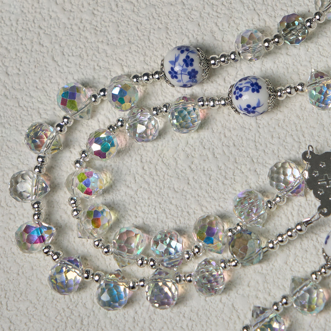 Christianartworkshop Shining Crystal and Blue Floral  Beads Rosary with Enamel Crucifix & Our Lady - image 10