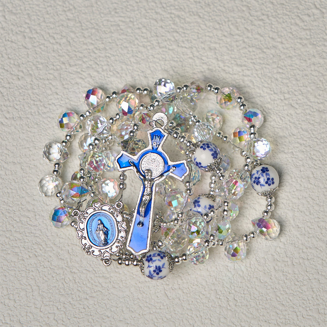 Christianartworkshop Shining Crystal and Blue Floral  Beads Rosary with Enamel Crucifix & Our Lady - image 11