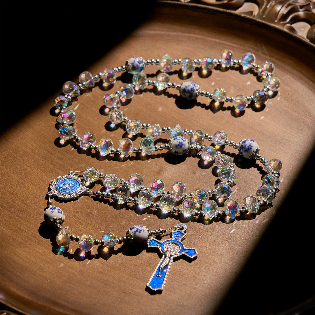 Christianartworkshop Shining Crystal and Blue Floral  Beads Rosary with Enamel Crucifix & Our Lady - Our Lady & Crucifix - image 1