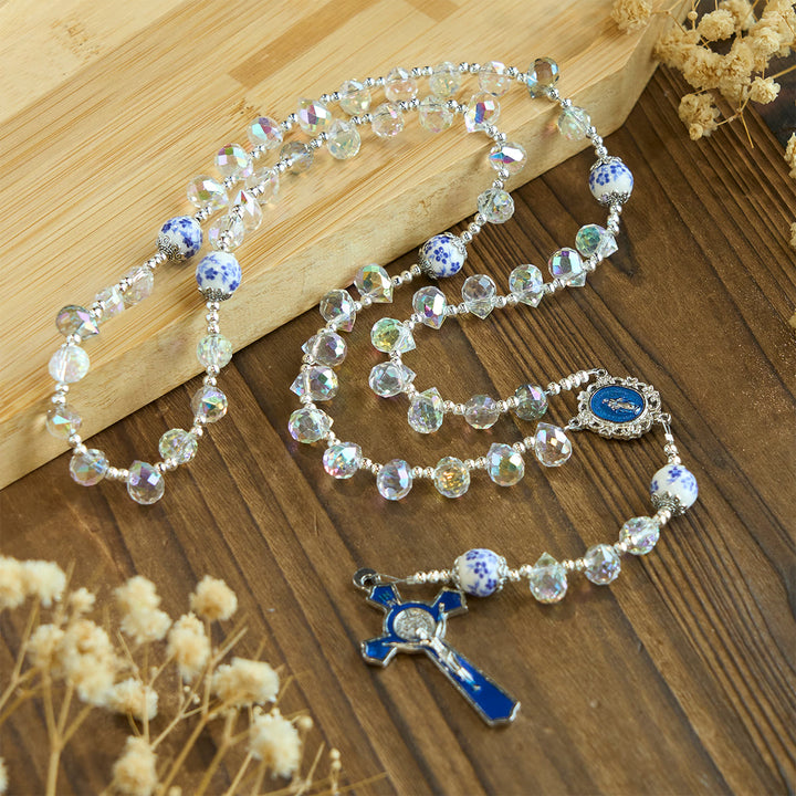 Christianartworkshop Shining Crystal and Blue Floral  Beads Rosary with Enamel Crucifix & Our Lady - image 5